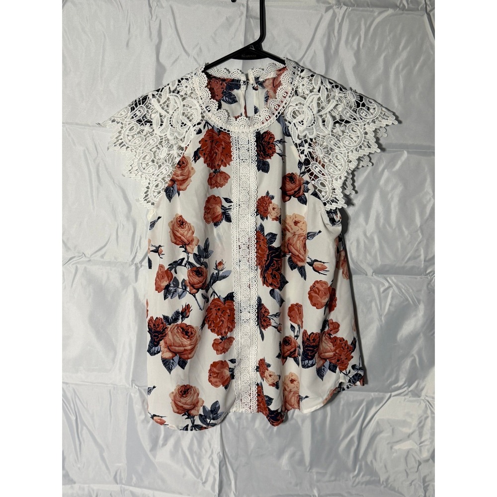 Floral Cold Shoulder Top Crochet Lace Trim Rose Womens Blouse White Coral Navy L